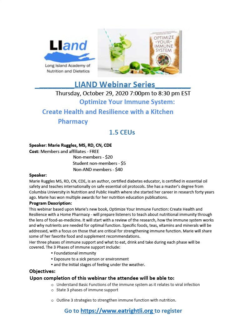 Join us Thursday, October 29, 7:00pm-8:30pm for LIAND FREE Webinar for members &amp; affiliates.
Go to eatrightli.org to register