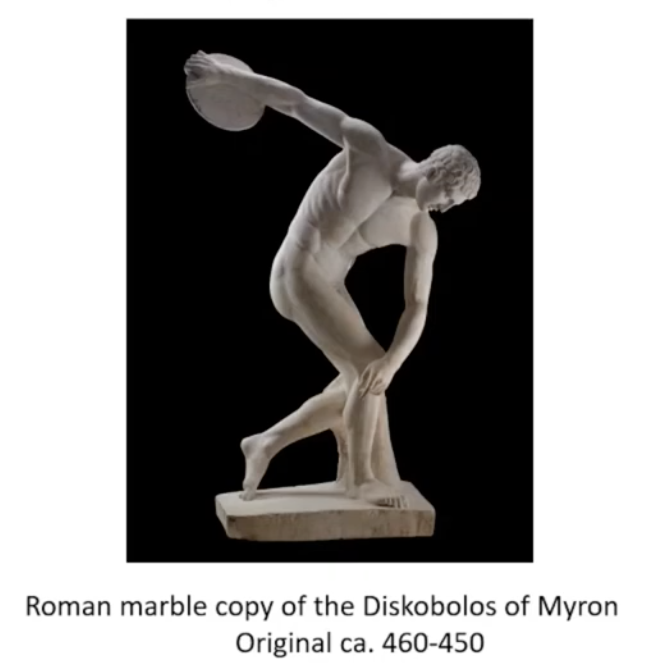 Another medium is through marble statues. This medium allows the viewer to appreciate the dynamic and athletic positions the athlete is in through their competition. One example of this is the discobolus statue, which shows the active stance of the thrower.