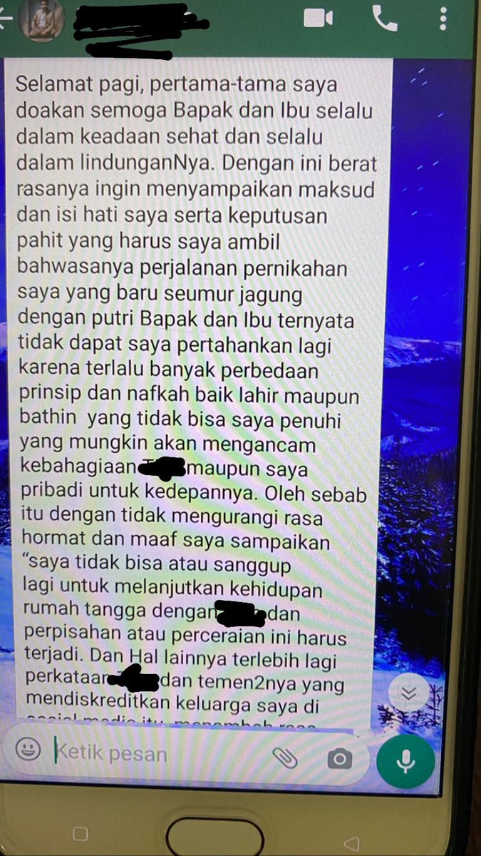 Ayahku balas chat dia yg intinya kalo emang dia mau ceraiin aku dia harus dtg kerumahku. Dulu dia nikahin aku dgn baik2, skrg kembaliin aku dgn baik2 juga, ngmg langsung ke ayah ibuku bukan lewat WA aja. Ayahku undang dia dan keluarganya buat dtg kerumahku di kota S, tgl 10 Okt.