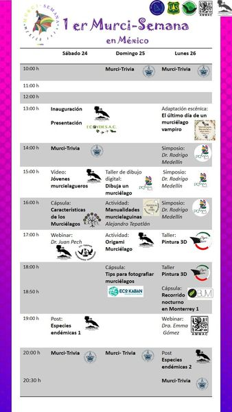 Bioconciencia__'s tweet photo. ¡Para que sigamos celebrando! Aquí está el calendario de  actividades de la BatWeek - MurciSemana en México. Habrá charlas, talleres y concursos. No se la pierdan y sigan la página de la Murci semana México 2020 🦇🦇🦇
#BatWeek #MurciSemana https://t.co/9BDt9FHdaI