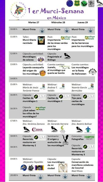 Bioconciencia__'s tweet photo. ¡Para que sigamos celebrando! Aquí está el calendario de  actividades de la BatWeek - MurciSemana en México. Habrá charlas, talleres y concursos. No se la pierdan y sigan la página de la Murci semana México 2020 🦇🦇🦇
#BatWeek #MurciSemana https://t.co/9BDt9FHdaI