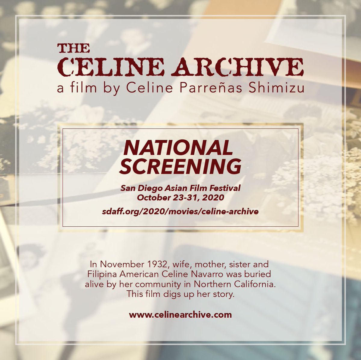 CelineArchive's tweet photo. US residents! NOW is your chance to experience Celine Navarro’s silenced story, streaming across the country through SDAFF Oct 23-31st!

Head to the link in our bio to pre-order your tickets now before they sell out!

Spread the word by sharing HERstory across your social media! https://t.co/2VSV9FYE0Z