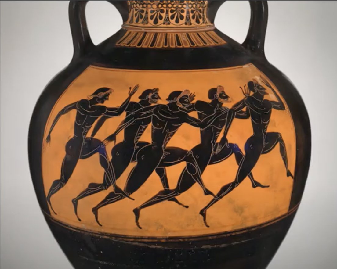 Ceramic pottery was a common medium for athletic art, and most athletes on ceramic vessels are depicted mid and sometimes post-competition, possibly in order to show the honor and work involved with being an athlete.