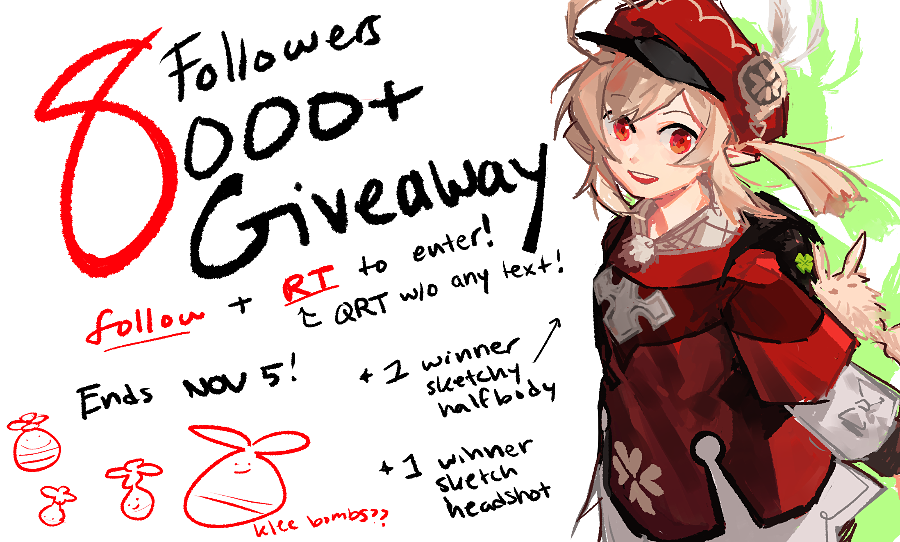 Thank you for 8k+ followers!

To celebrate, I'll be hosting another giveaway; to enter, be following this account and RT this post (no QRT!)

At least 2 winners will receive a sketch in the shown style! (I may add more winners depending on participant count)

Ends NOV 5! Sankyuu!