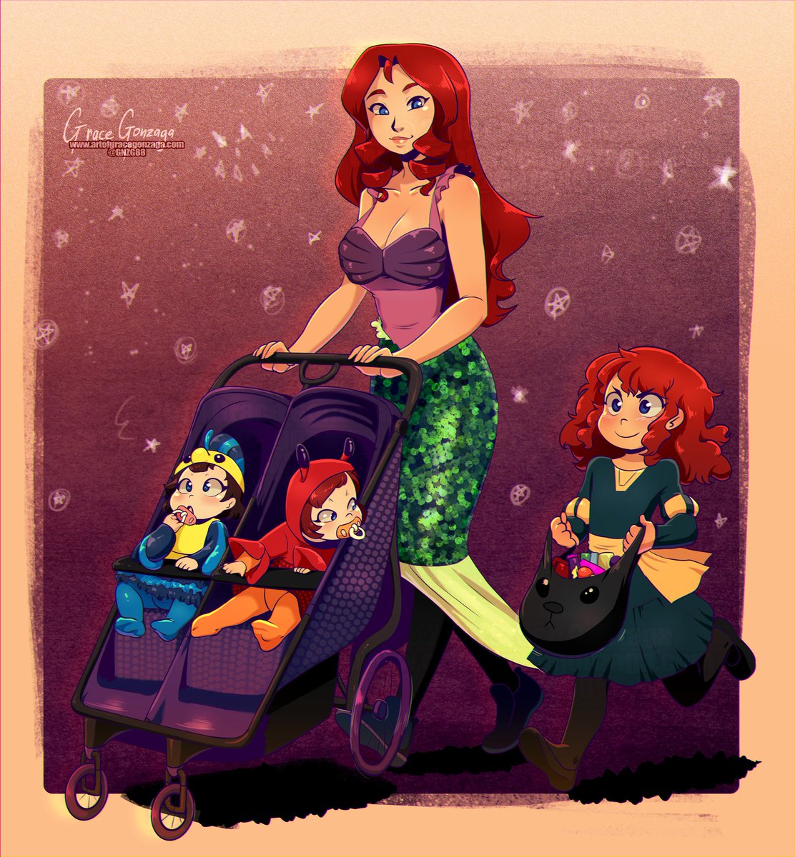 SFWGardnerverse's tweet photo. Halloween Cute pic with Mom!Marty and three of her eventual five kids. Oldest Beth and the twins, Cassie and Jessie. 
Art by @T00t_Sparkle https://t.co/DyxNBUw32H