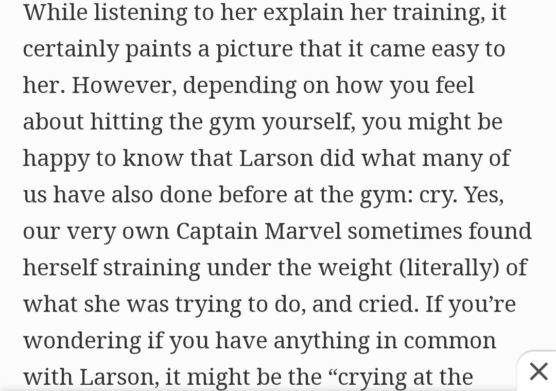 "Brie Larson brags about her fitness routine too much" Brie has really gone through extreme workout sessions, when she started she was really skinny and didnt use to do much physical strenuous activities, so when she started working out for captain marvel, it was so hard-