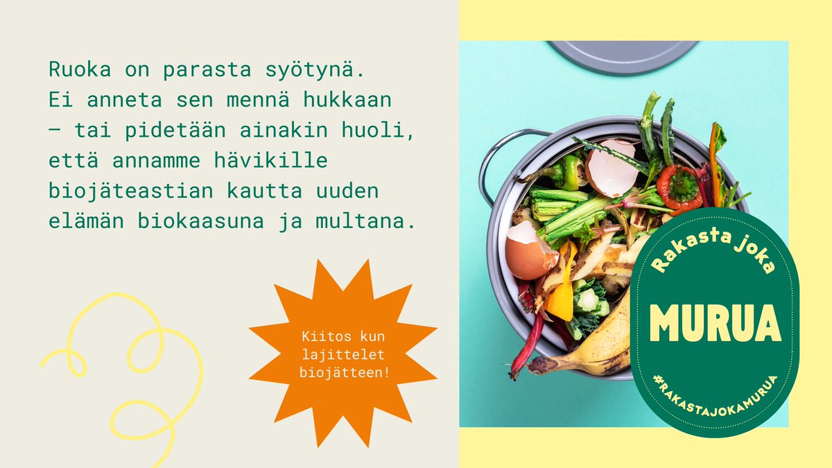 Tänään käynnistyvä #Rakastajokamurua -kampanja kannustaa suomalaisia vähentämään ruokahävikkiä ja lajittelemaan biojätettä kotona, työpaikalla ja lomalla. Kampanjan suojelijana toimii tasavallan presidentti Sauli Niinistö. @tpkanslia <a href="/mmm_fi/">MMM</a> <a href="/yministerio/">Ympäristöministeriö</a>