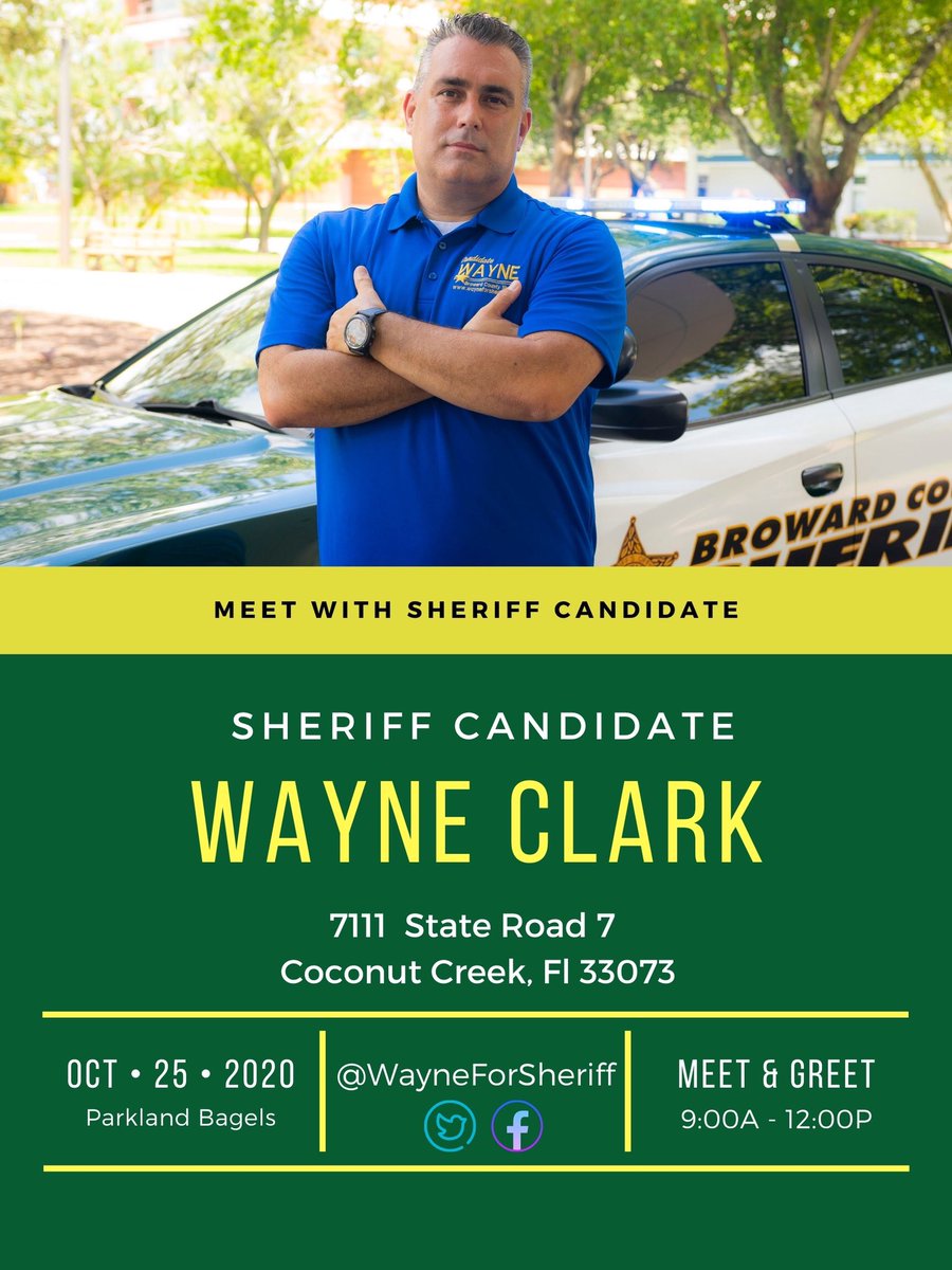 Join us for a meet and greet at Parkland Bagels this Sunday from 9:00 a.m. to noon. 

#wayneforsheriff
#ReadyToLead
#vote