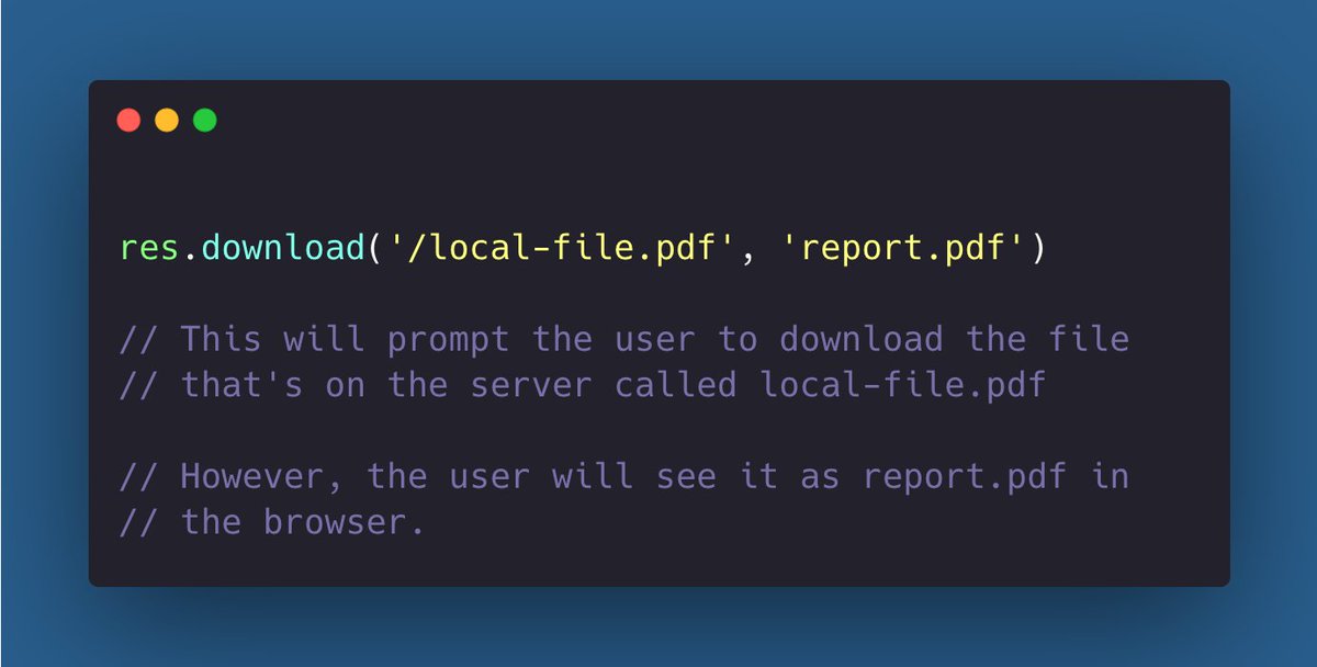 DevGuideDaily's tweet image. #NodeJS tip 😊 
Trigger the download dialog in the browser using 𝗿𝗲𝘀.𝗱𝗼𝘄𝗻𝗹𝗼𝗮𝗱() 👍 
#100DaysOfCode #programming #CodeNewbies
