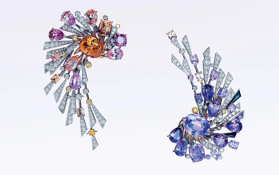 Earrings from Chaumet. That blue one's got to have sapphires and/or tanzanite in it. Maybe the orange/pink one, too.