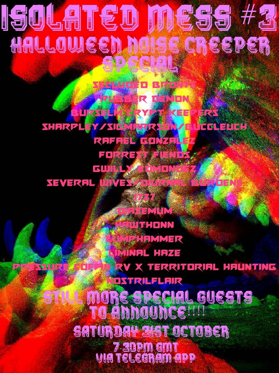 GibletGusset's tweet photo. Absolutely no clue how or why I designed the poster like this??! Think I'm having some kind of breakdown. Anyway still loads more very special guests to announce but hope this will do for starters. Very much looking forward to this. #IsolatedMess #Halloween #IsolatedMass https://t.co/IhGWC7XYHk