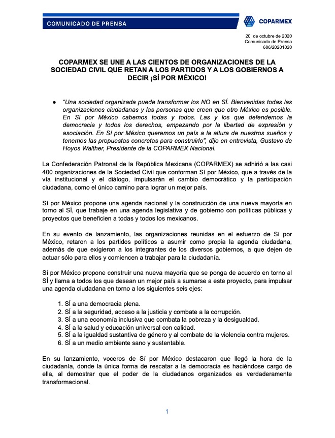 Coparmex's tweet photo. Coparmex se une a los cientos de organizaciones de la sociedad civil que retan a los partidos y a los gobiernos a decir ¡#SíPorMéxico! #ComunicadoCoparmex @SiPorMx https://t.co/FNkWfLpPVT https://t.co/N4vY7TPEqu