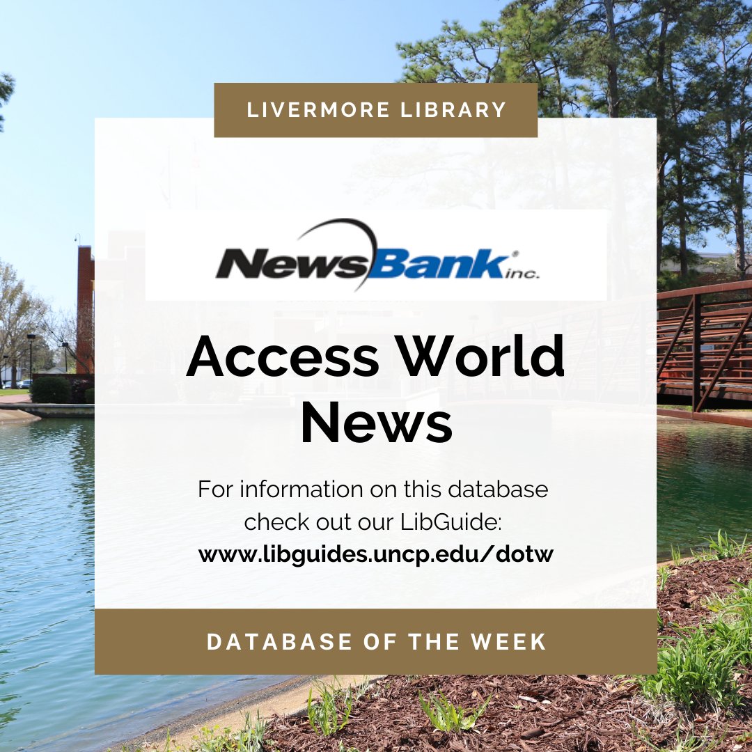 uncplibrary's tweet photo. Are you looking for news articles? Check out Access World News, the library’s Database of the Week! #uncplibrary https://t.co/1a1gxgvOXP