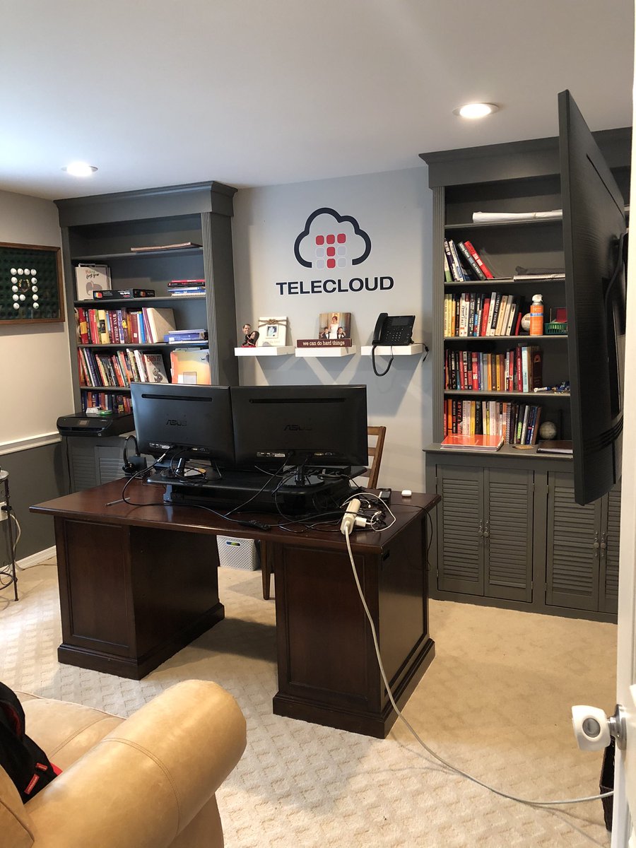 VincentFinaldi's tweet image. Home office since March. Got a few screens, standing desk, big screen, company logo. All the essentials to get shit done. #telecloud