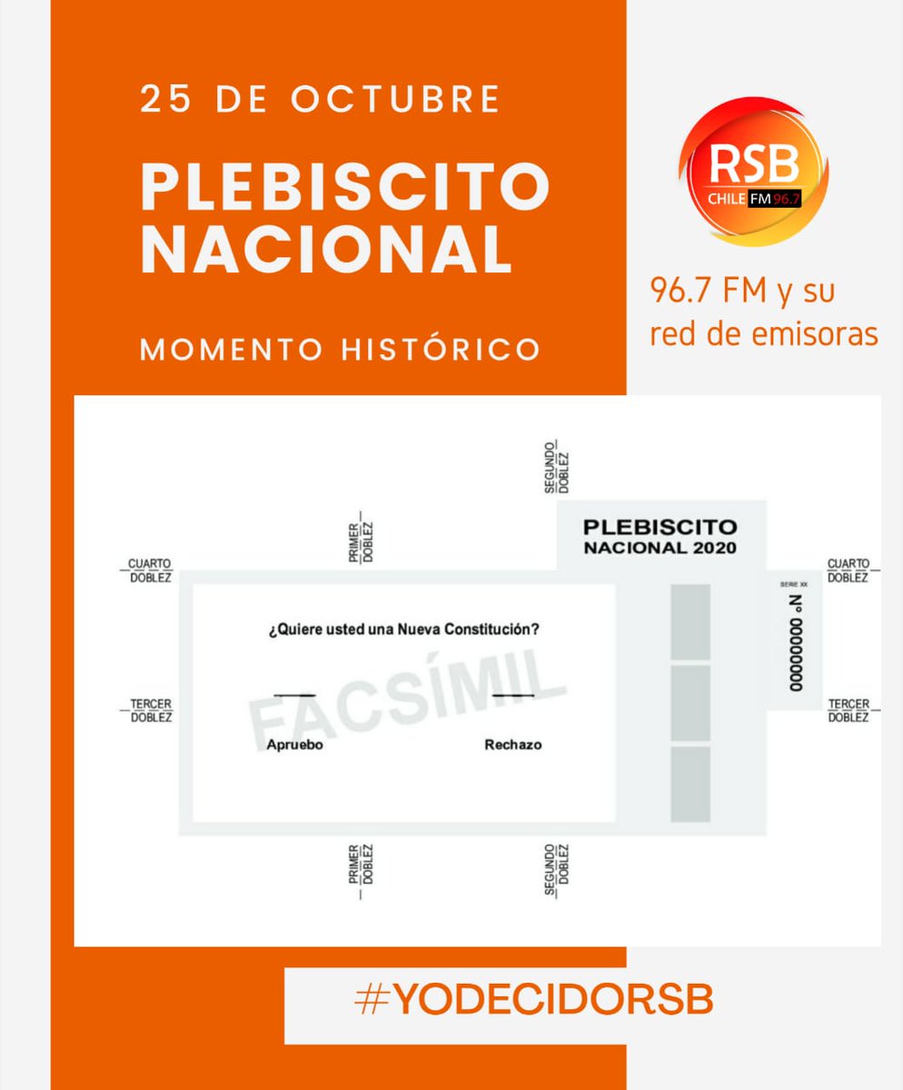 rsbchile's tweet photo. #YoDecidoRSB| En el Plebiscito Ud recibirá dos papeletas: una con la pregunta ¿Quiere Usted una Nueva Constitución? alternativas “Apruebo” y/o “Rechazo” y ¿Qué tipo de órgano debiera redactar la Nueva Constitución? “Convención Mixta Constitucional” y/o “Convención Constitucional” https://t.co/iT6Fcc1Jpz
