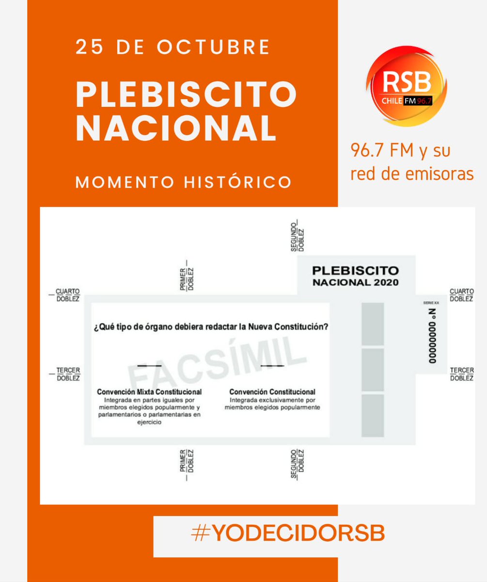 rsbchile's tweet photo. #YoDecidoRSB| En el Plebiscito Ud recibirá dos papeletas: una con la pregunta ¿Quiere Usted una Nueva Constitución? alternativas “Apruebo” y/o “Rechazo” y ¿Qué tipo de órgano debiera redactar la Nueva Constitución? “Convención Mixta Constitucional” y/o “Convención Constitucional” https://t.co/iT6Fcc1Jpz