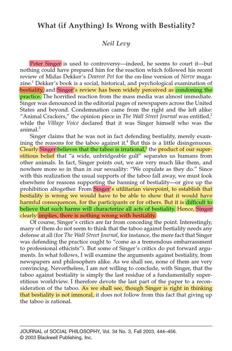 Peter Singer, another PhD atheist philosopher, also defends bestiality as a human rightHe states bestiality being a taboo is irrational and a remnant of religious teachings, and fully realized atheists should give up such taboos https://onlinelibrary.wiley.com/doi/abs/10.1111/1467-9833.00193