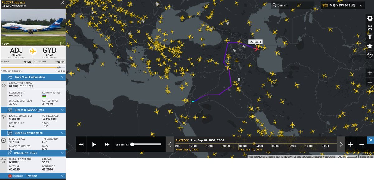 3/7 - On 10 Sep., a cargo flight from Amman to Baku, avoiding Iranian airspace, then a flight from Iran into Armenia on 29 Sep. with little info, transponders turned on only briefly, but looks like a passanger flight. Armenia flights are fewer and appear less out of the ordinary.