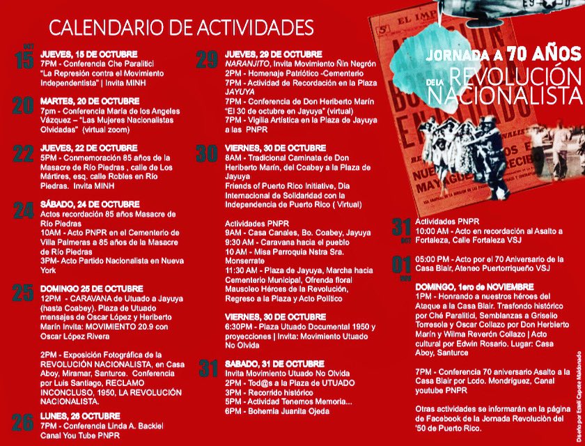 ¡Compartimos el Calendario de la Jornada #70Jayuya conmemorando el 70 aniversario de la Insurrección Nacionalista! Convocamos este 30 de octubre al primer “Día Internacional de Solidaridad con la Independencia de Puerto Rico”

#MINH #JH #PRlibre #EndColonialism #FreePuertoRico