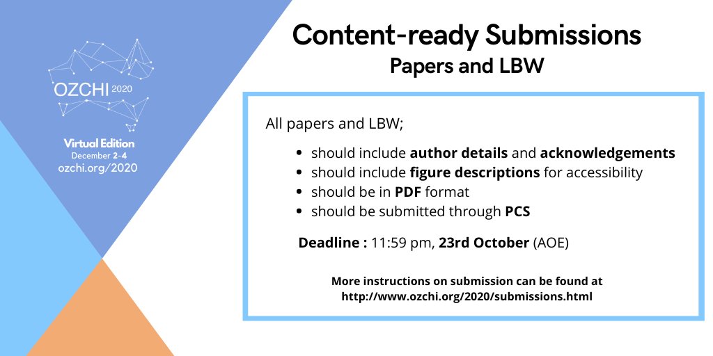 Content-ready submissions for #OzCHI2020 papers and LBW are due by 11.59 pm on 23rd Oct (AOE). Here is what to consider when finalising your revised submission. Submission link: new.precisionconference.com/ozchi20a @HFESA_CHISIG