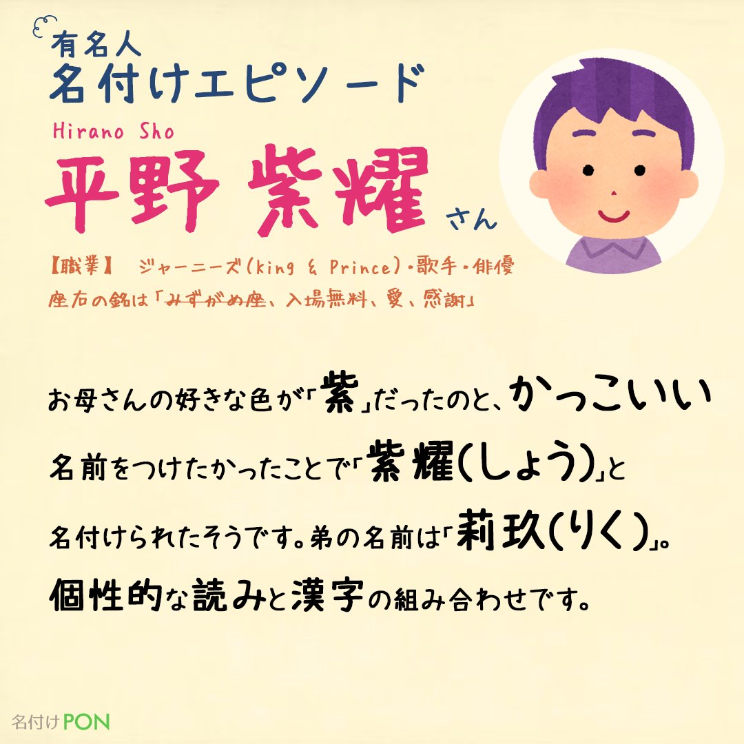 名付けポン King Prince キンプリ 平野紫耀さんの名付けエピソードです 中学生になる少し前までひらがなで名前 を書いていたそうで たしかに難読です 男の子にかっこいい名前を というのは結構ありますよね 名付け 赤ちゃん名前 子供名前 妊娠