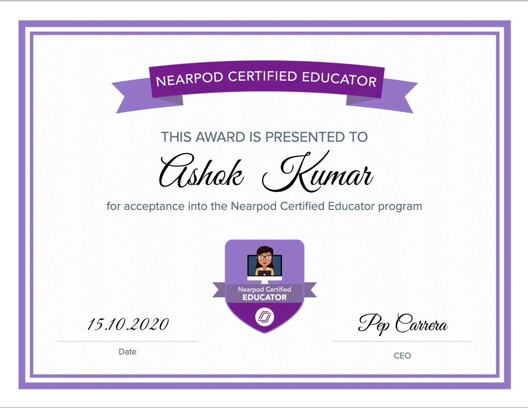ashoksamskritam's tweet photo. Delighted to share that now I am a Nearpod Certified Educator
Sincere thanks to Principal Ma'am @monikamehan #MonikaChatrathMehan for her guidance and encouragement.
#DelhiNearpodCertified 
@nearpod @nearpod  @DAV6Dwarka @deepti_techie @taruna_teotia @AnnieKochhar @PriyaBhanot3 https://t.co/vdaJ6rRDWb