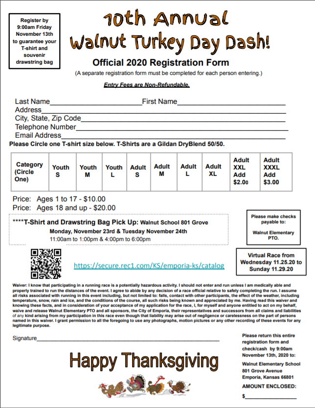 PatriotsWalnut's tweet photo. The Walnut Turkey Day Dash is going virtual for it's 10th year!
Contact the school for extra forms. If you choose to register online, the ERC will appear to charge you $20 for all participants.  When you reach the check out, the price for participants ages 1-17 will drop to $10. https://t.co/2sQkIagiJn