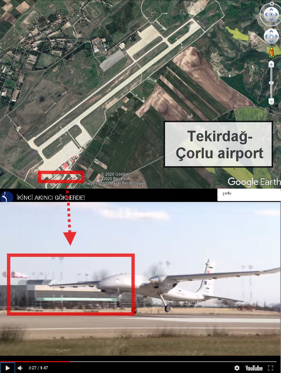 6/7 - Interestingly, the Tekirdağ/Çorlu airport 90 km from Istambul serves as a military and civil one. Baykar, the manufacturer of the Bayraktar drones has a test centre at that airport (1), coordinates. (2) 1.  https://www.baykarsavunma.com/haber-IKINCI-AKINCI-GOKLERDE.html2. https://www.google.com/maps/search/41%C2%B0+8'9.26%22N,+27%C2%B055'31.02%22E?sa=X&ved=2ahUKEwjGrqn5x8TsAhVpoHIEHSJsAv8Q8gEwAHoECAQQAQ #bayraktarTB2