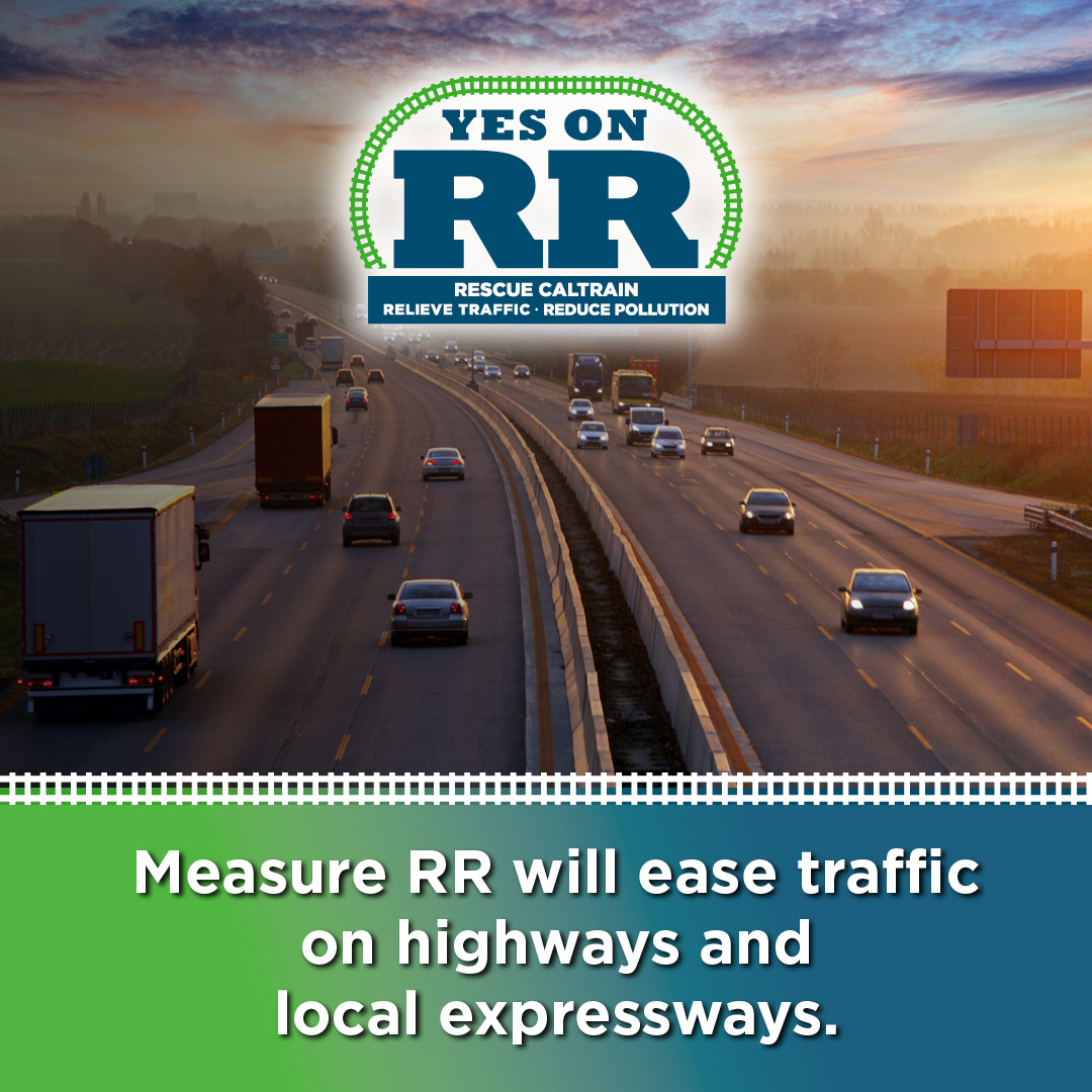 YesOnRR's tweet photo. Transportation studies show that by making Caltrain faster and more reliable Measure RR will take two lanes of traffic off our highways. That means cleaner air, less pollution, and better Caltrain service. Learn more at: https://t.co/2lTaAfJMAC #VoteYesOnRR https://t.co/8q7YUvb972