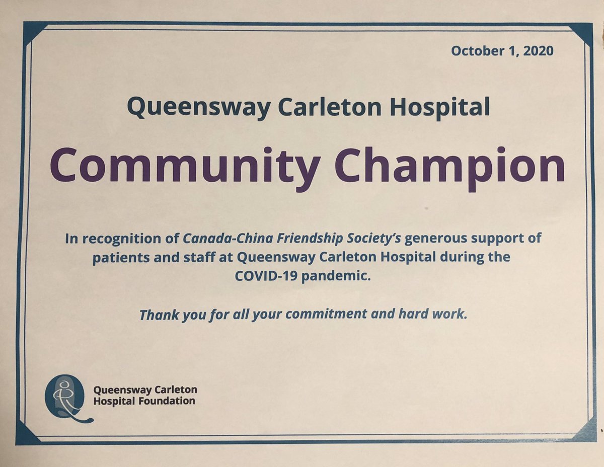 A pleasant surprise to have received a certificate for #CCFSO1 & a thoughtful note of appreciation from #QCHFoundation #QCHOttawa for our donations of #PPE during 1st wave of #COVID in π¨π¦. Many thanks to all our frontline healthcare workers for protecting us & saving lives.π¨π¦π¨π³β€οΈ https://t.co/N12EpA7R6A