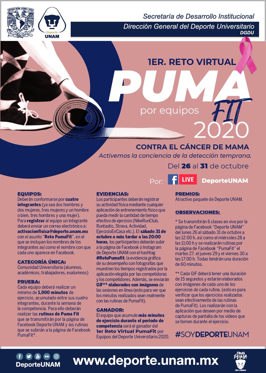 DeporteUNAM's tweet photo. 😎Anímate a participar en el 1er Reto Virtual #PumaFit por equipos 2020, contra el Cáncer de Mama. 👊🏼 Del 26 al 31 de octubre.
#SoyDeporteUNAM https://t.co/JcjQPjCXij