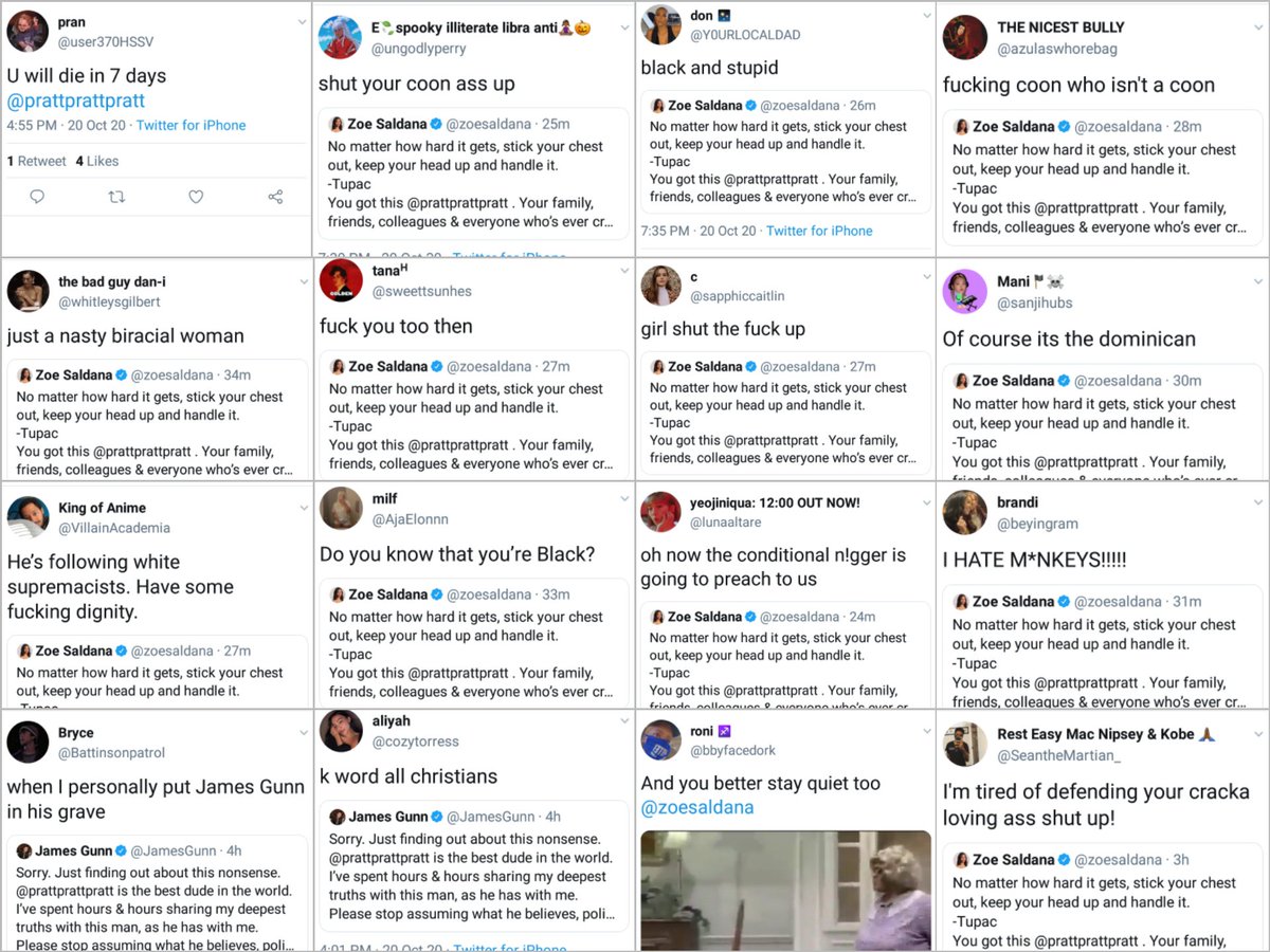 Dataracer117's tweet image. Chris Pratt's MCU co-stars are defending him from the cancel mob. They're now being bullied &amp;amp; harassed too.

Zoe Saldana is getting the worst with racist slurs like "coon."

Marvel panders to these woke ideologues who are now attacking them for defending a "cis white man."