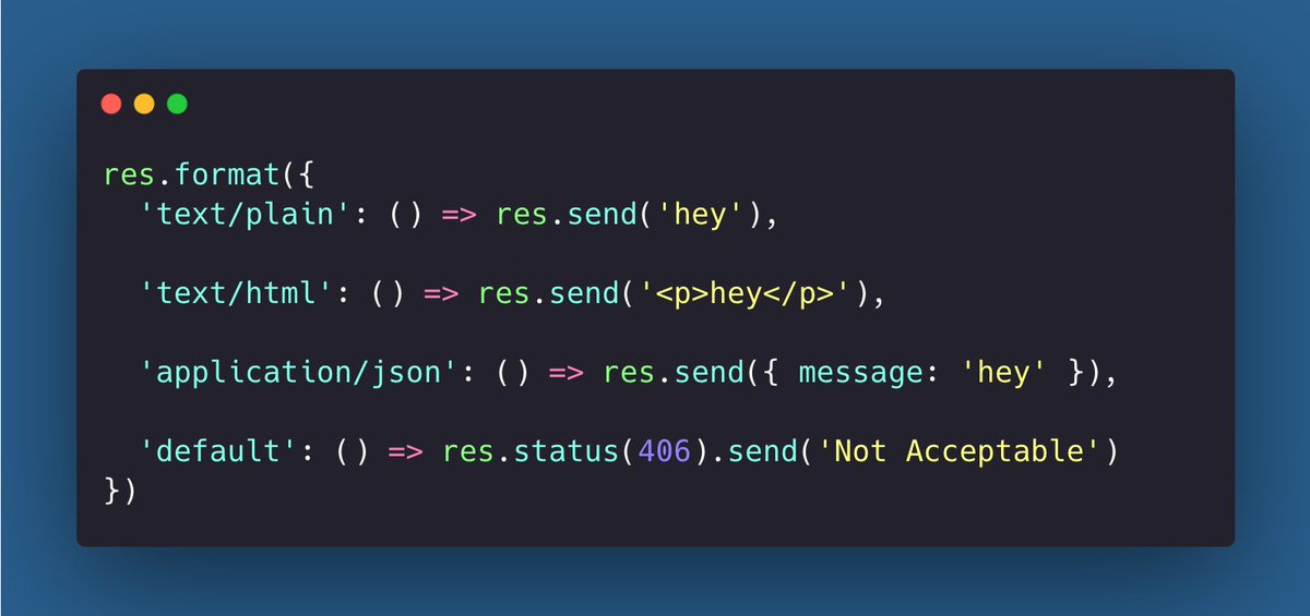 DevGuideDaily's tweet image. #NodeJS tip 😊 
Easily respond to different 𝗔𝗰𝗰𝗲𝗽𝘁𝘀 𝗵𝗲𝗮𝗱𝗲𝗿 values using 𝗿𝗲𝘀.𝗳𝗼𝗿𝗺𝗮𝘁 👍
#100DaysOfCode #programming #CodeNewbies