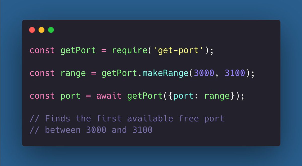 DevGuideDaily's tweet image. Day 27 of #100DaysOfCode - #NodeJS tip 👍 
Easily 𝗳𝗶𝗻𝗱 𝗮𝗻 𝗼𝗽𝗲𝗻 𝗽𝗼𝗿𝘁 to start your server 𝗶𝗻 3 𝗹𝗶𝗻𝗲𝘀 𝗼𝗳 𝗰𝗼𝗱𝗲.  😎 
#100DaysOfCode #programming #CodeNewbies