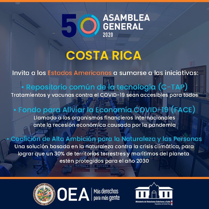 Costa Rica invita a los países miembros de la @OEA_oficial a sumarse a tres iniciativas: ✅Repositorio C-TAP ✅Fondo para aliviar la economía ✅Coalición de Alta Ambición para la naturaleza y las personas #SomosAcciónExterior #AsambleaOEA https://t.co/o1eay2s87J