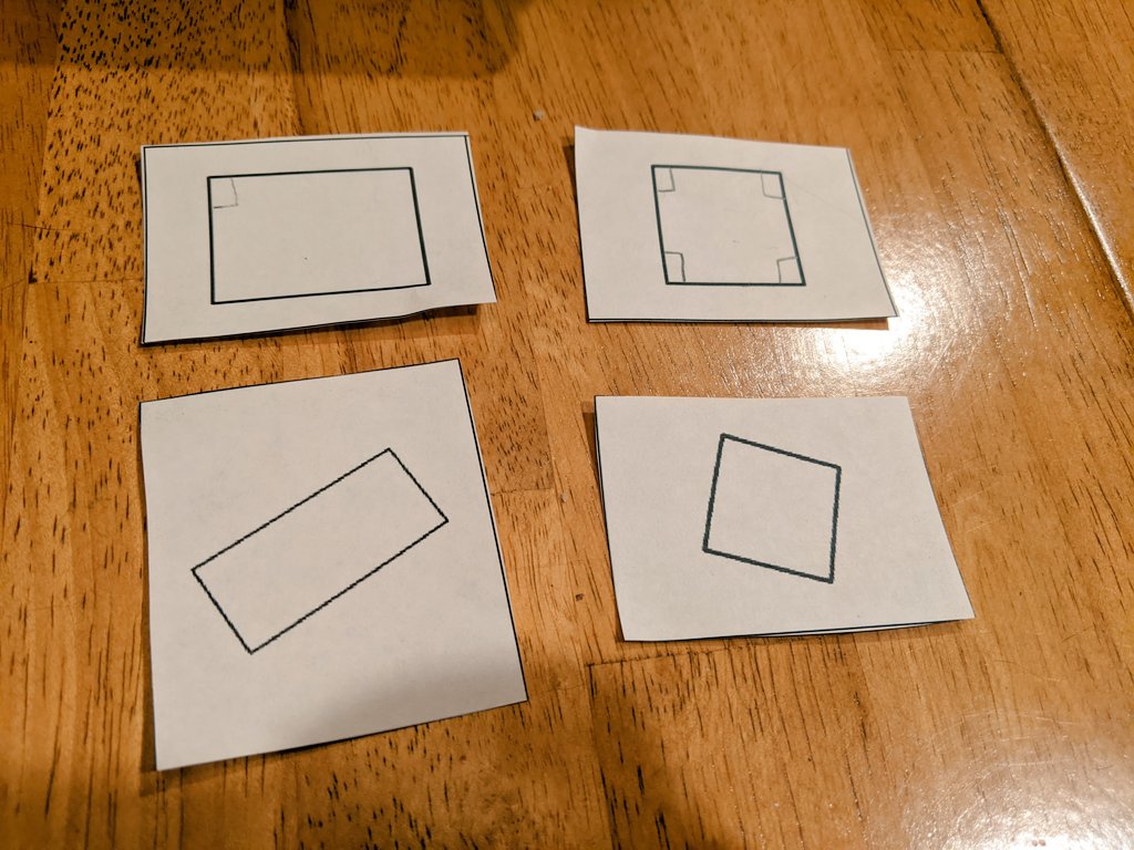 Daddy: We say that these rectangles have square corners.Another way of saying it is that the four corners of a rectangle are the same size. That's what makes it a rectangle.