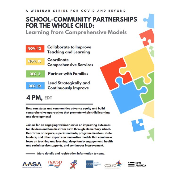 ManuszakEdward's tweet photo. SAVE THE DATES NOW: Nov. 12, 19 &amp; Dec. 3, 10 at 4-5:15pm, EST for an amazing series we are planning with friends from @NAESP @CCSSO @EDCtweets @NewAmerica @AASAHQ and @MandySorge of NAECS-SDE! Join us will you? @DanWuori @Hunt_Institute @NAEYC @HeadStartgov #AASAEarlyEd https://t.co/y3H7lBDrNq