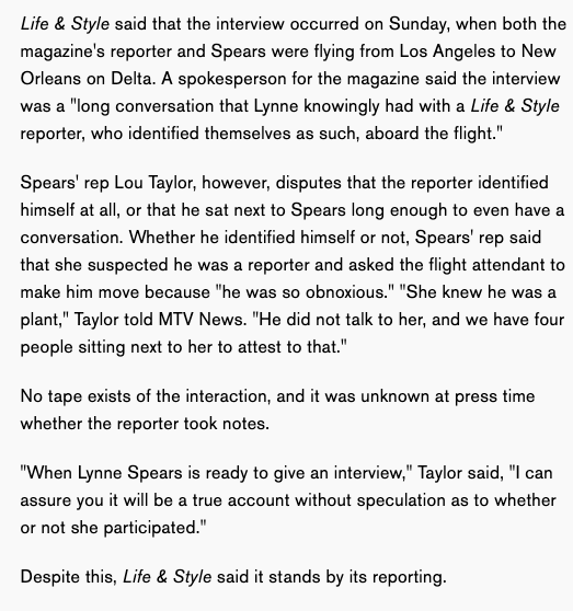 A few months after Britney was in a conservatorship, Life & Style published an article when a reporter overheard Lynne Spears saying she was "disappointed" in Jamie Lynn for getting pregnant at such a young age. Lou Taylor was named in the article and denied this.  #FreeBritney