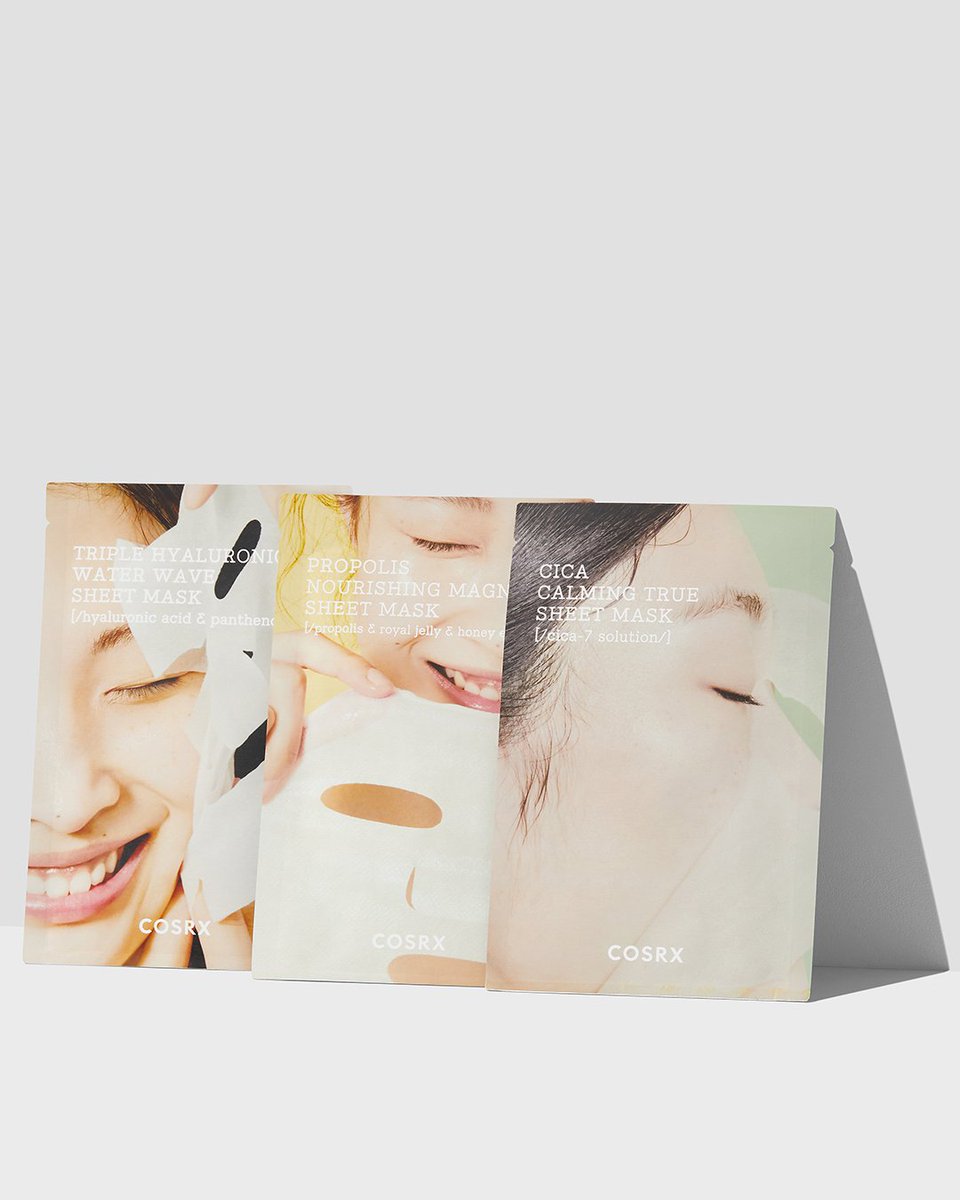 cosrx's tweet photo. Help your skin transition from season to season with a couple issue targeting sheet masks!😍
💙#teamhydrium for an extra boost of hydration
💛#teampropolis for intense nourishment
💚#teamcica for soothing, healing care
Available at: https://t.co/tDp2Gxs2fA https://t.co/1V4Wjzpqzi