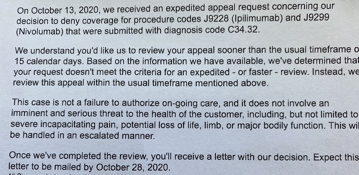 Thanks @cigna for letting us know that you won’t be expediting my wife’s appeal of your denial for the immunotherapy drugs her doctor wants her to take because this “doesn’t involve an imminent threat to her health.” 

I mean, it’s only Stage IV lung cancer, right?