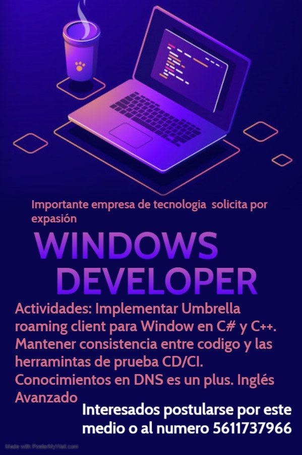 JesusReyesRRHH's tweet image. Estimada red.

Estamos en búsqueda de #WindowsDeveloper para importante empresa de Tecnología.

Conocimientos de #Umbrella #Roaming en #C y #C++ con #ingles Avanzado.