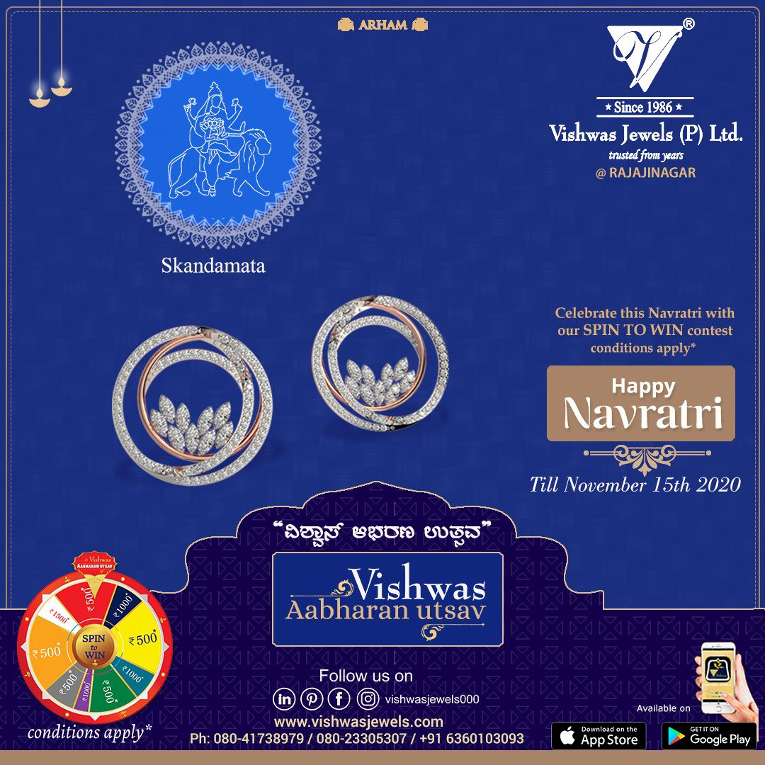 #Navaratri Day5... Let us celebrate this 9 auspicious days of Navaratri with our SPIN TO WIN contest... Vishwas Aabharan Utsav @Rajajinagar, Bengaluru..
#Shubh #Navaratri2020 #Festival #jewellery #vishwasjewels #weddingcollection #traditionalcollection
