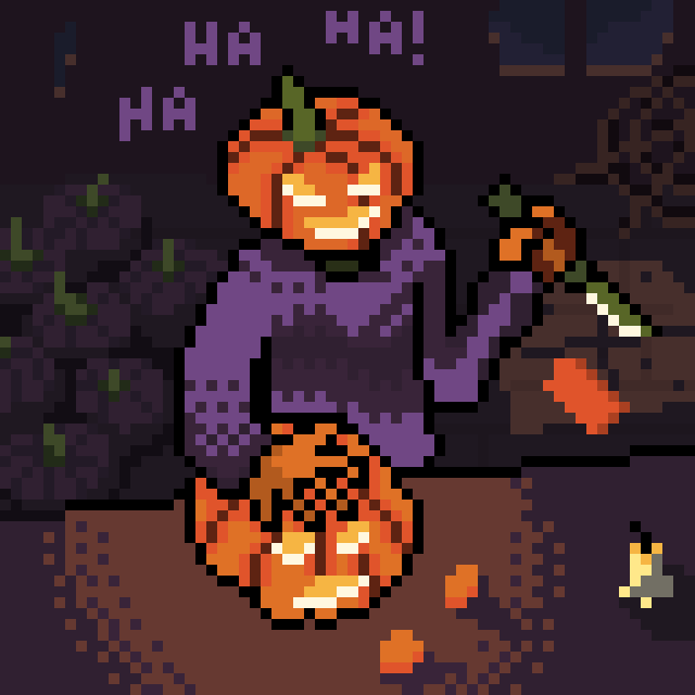 BeatsEngine's tweet image. This is my entry for the 64 x 64  pumpkin patch challenge posted by @Saultoons (he got fun pixel challenges!)! If you guys want this pumpkin man to be an in game NPC just comment it out for us to know! Art Title: "Making Friends"
#pixelArt #indiedev #characterdesign #Halloween