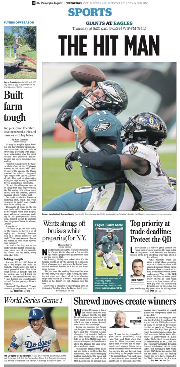An early look at Wednesday’s #Philadelphia #Inquirer (@PhillyInquirer) #sports front
>>> SUBSCRIBE: https://t.co/DnGW2LbYPy
#Coronavirus #COVID19 #StayHome #Philly #FlyEaglesFly #RingTheBell #Phillies #Flyers #76ers #Eagles #WorldSeries https://t.co/aaotqcHxYK