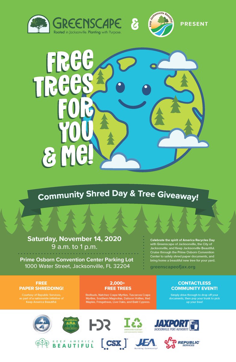 Mark your calendar for a "Community Shred Day &amp; Tree Giveaway" on Saturday, November 14th, 9am - 1pm!
The <a href="/CityofJax/">City of Jacksonville</a>'s <a href="/JaxBeautiful/">KeepJaxBeautiful</a> is partnering with <a href="/greenscapeofjax/">Greenscape</a> for a day of #Recycling and #FreeTrees! 
For more information visit:
greenscapeofjacksonville.com/events/greensc…