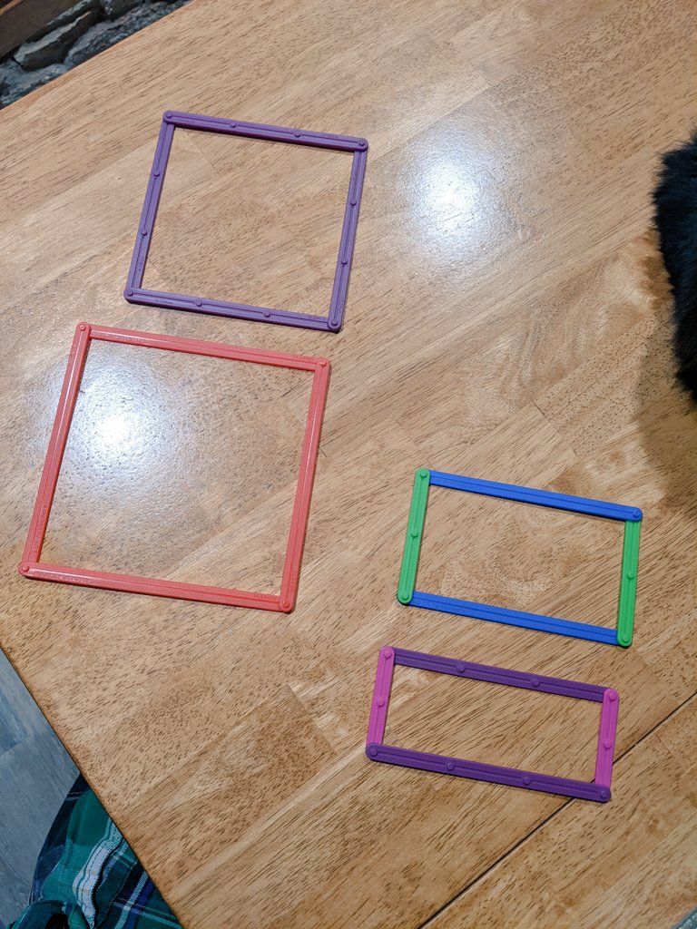 Daddy: So what makes these two square rectangles?Me: ...All four sides are the same.Daddy: The same what?Me: ...The same size.Daddy: We say all four sides are the same *length*. All four sides are congruent. That's what's special about a square rectangle.