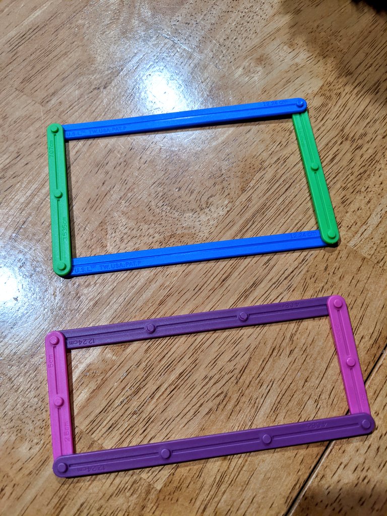 Daddy: What's about these two rectangles? Are all four sides the same length?Me: No.Daddy: Are any sides the same length?Me: These two and these two.Daddy: These two are on opposite sides of the rectangle so we say these two *opposite* sides are the same length. So are these.