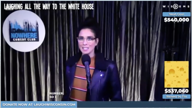 WisDems's tweet photo. Our final comedian is here: @SarahKSilverman!! #StandUp4WI https://t.co/G2deAttKel