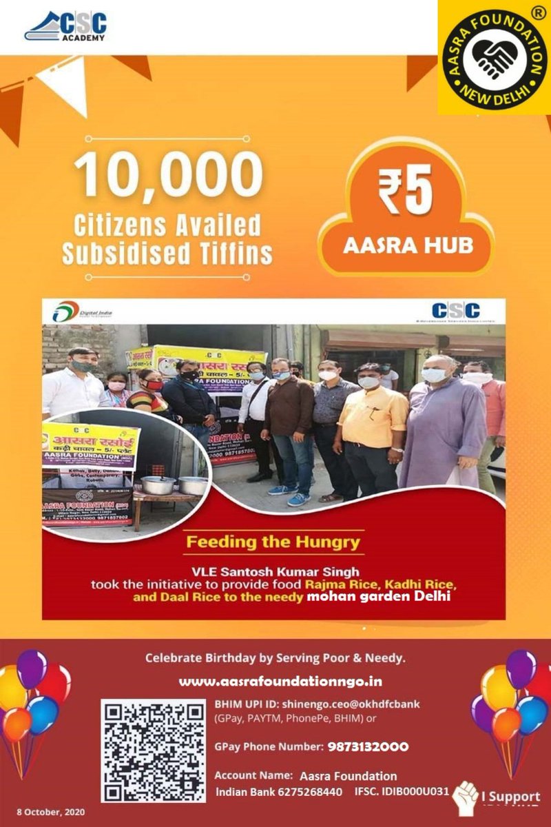 Proud to share.  Delhi VLE served 10,000 plus people for Rs. 5/- Food.

Aasra Foundation is helping the needy to quench the Hunger. Amid COVID -19 time.

Good Work South West District Team.