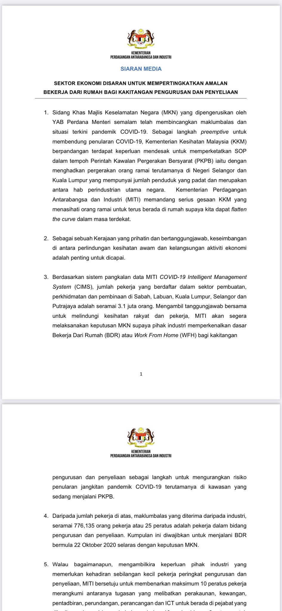 Melissa Goh On Twitter Miti Only 10 Of Workforce In A C Finance Admin Legal Planning And Ict Departments Are Allowed To Come Into Office To Work Limited To Four Hours